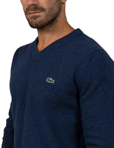 Jersey Lacoste de lana con cuello en V azul de hombre