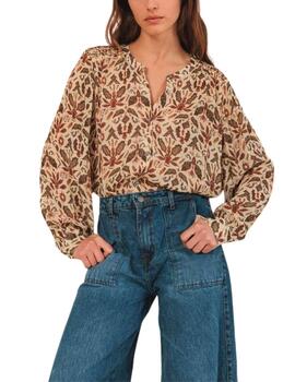 Indi & Cold camisa detalle smok estampada beige