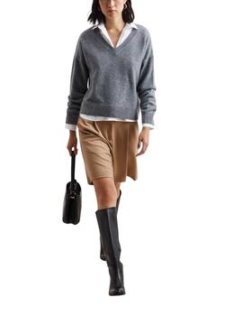 Jersey Decenio de lana en gris con cuello a pico de mujer
