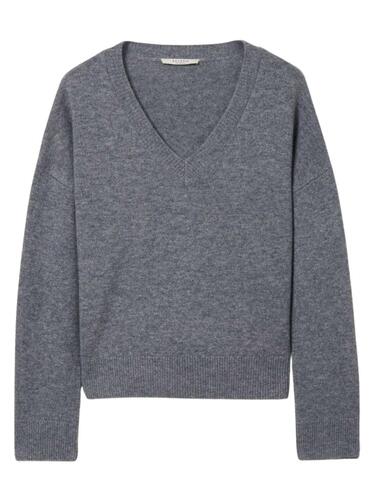 Jersey Decenio de lana en gris con cuello a pico de mujer