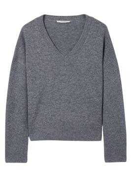 Jersey Decenio de lana en gris con cuello a pico de mujer