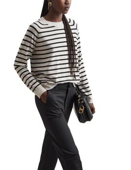 Jersey Decenio a rayas en beige con cuello redondo de mujer