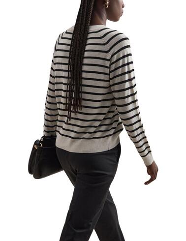 Jersey Decenio a rayas en beige con cuello redondo de mujer