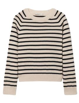 Jersey Decenio a rayas en beige con cuello redondo de mujer