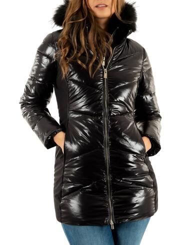 Abrigo Yes-Zee con capucha de pelo en negro de mujer