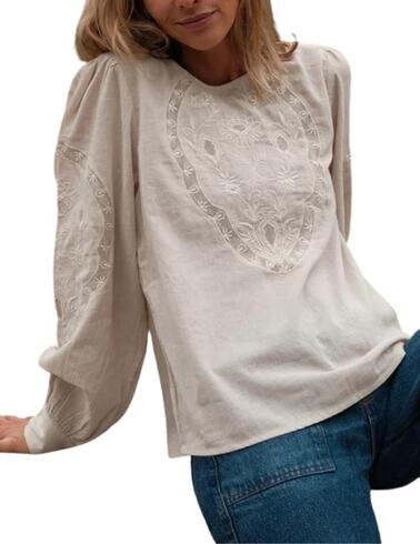 Blusa Indi & Cold con bordado romántico en color piedra