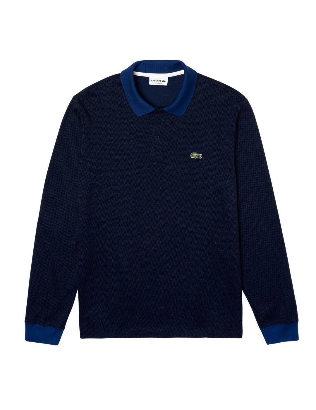 Polo Lacoste manga larga con espiguilla azul de hombre