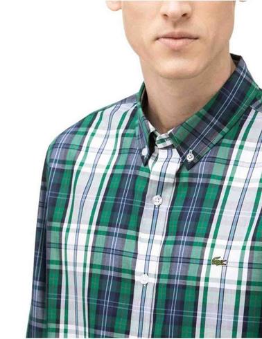 Camisa Lacoste manga larga cuadros verdes de hombre