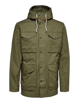 Parka Selected Homme verde militar con múltiples bolsillos