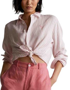 Camisa Polo Ralph Lauren de lino de rayas de mujer rosa