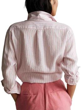 Camisa Polo Ralph Lauren de lino de rayas de mujer rosa