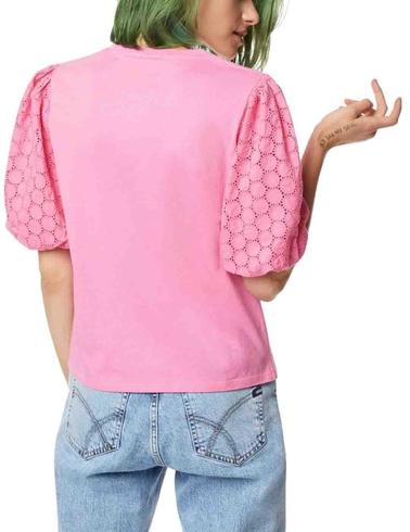 Top Gas Jeans Adela de mujer de manga corta de encaje fucsia