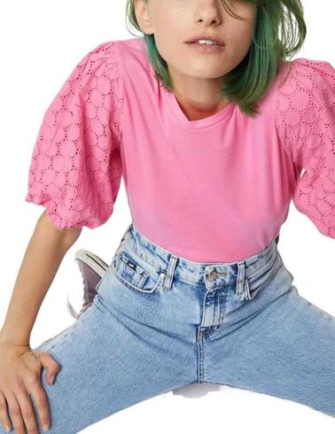 Top Gas Jeans Adela de mujer de manga corta de encaje fucsia