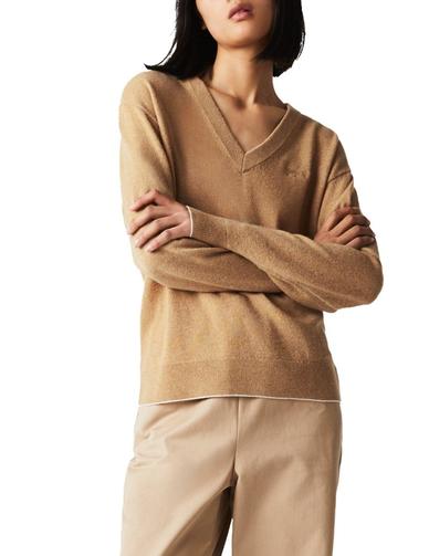 Jersey Lacoste de lana con cuello a pico de mujer beige