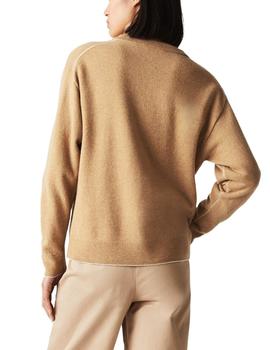 Jersey Lacoste de lana con cuello a pico de mujer beige